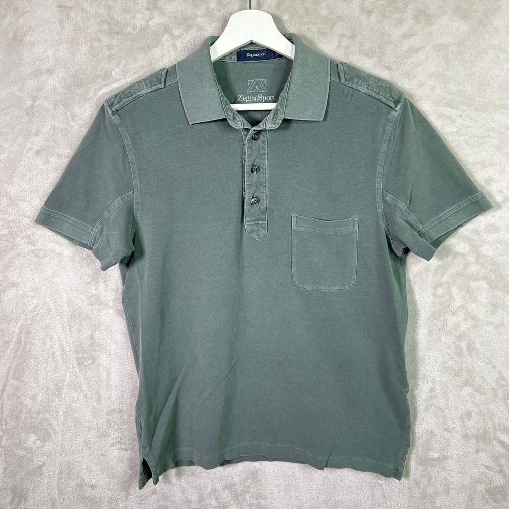Zegna Sport Pima Cotton Pique Polo M Reinforced Shoulder Panels Utility Green